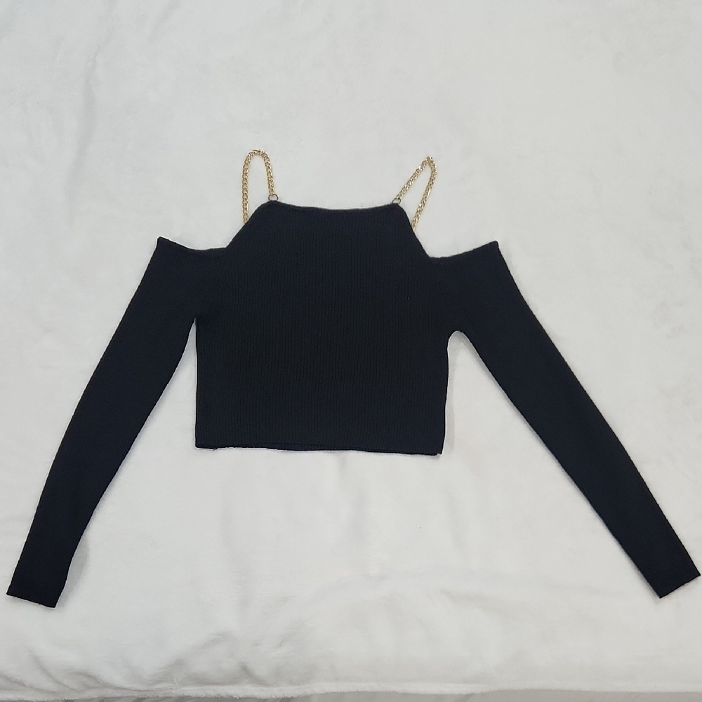 Say What? Black Off-Shoulder Top with Gold Chain Straps